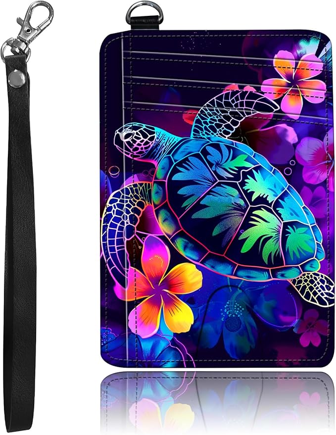 Slim Minimalist Front Pocket Wallet,Credit Card Holder Wallet for Women Men,RFID Blocking Credit Card Holder Case Leather Cute Small Thin Wallet ID Window&Wrist Strap,Glitter Sea Turtle