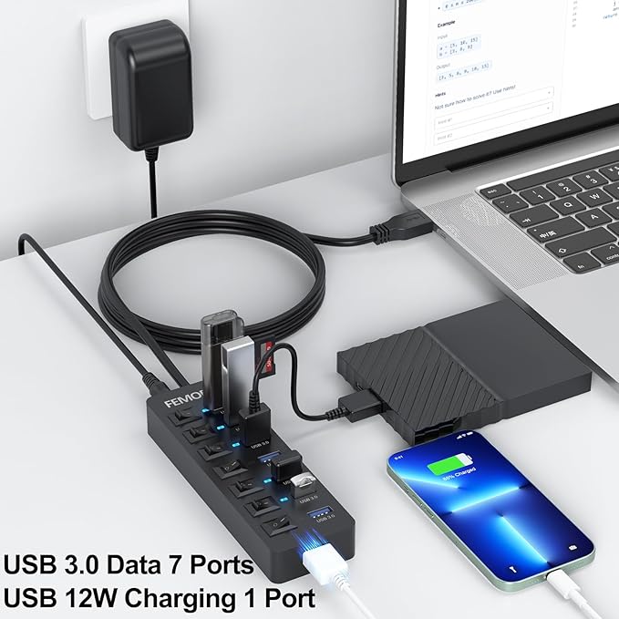Powered USB Hub 3.0, 5Gbps Data Transfer 7 Ports and 12W Charging-only 1 Port with 5V/3A Power Adapter 4Ft Long Cable & Individual Switches for Laptop PC Flash Drive External SSD HDD Keyboard Mouse