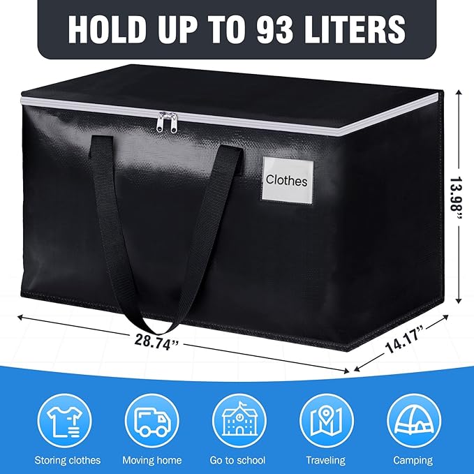 BlissTotes Moving Bags, Heavy Duty Moving Boxes with Zippers Top and Sturdy Handles, Storage Bags for Space Saving and Packing, Collapsible Moving Supplies, Storage Totes (93L, 4-Pack, Black)