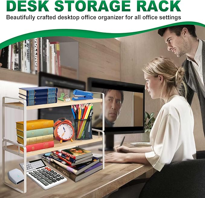 YGYQZ Desk Shelf Organizer for Top of Desk, Detachable 2 Tier Desktop Bookshelf, Wooden Desk Shelves Storage Rack, Small Desktop Shelf for Office Home Dorm, Tabletop Desk Organizer Stand (White Wood)