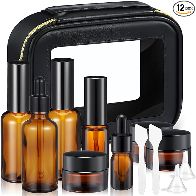 Jingmore 13 Pcs Glass Skincare Travel Containers Mini Makeup Containers Travel Size Toiletries Bottles with Pump Spray and PU Leather Toiletry Bag for Liquid Serum Cream Moisturizers Oils(Brown)