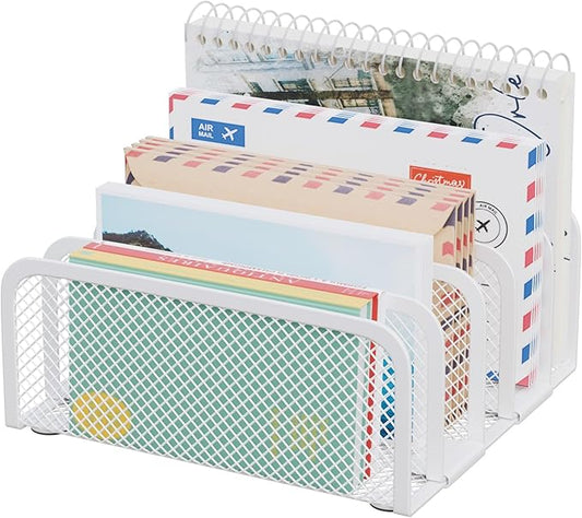 Mail Organizer Countertop, Metal File Holder with 5-Slot, Small Desk File Organizer for Letter, Bill, Mail Sorter, Desktop Letter Folder Holders for Office, Home, School (White)