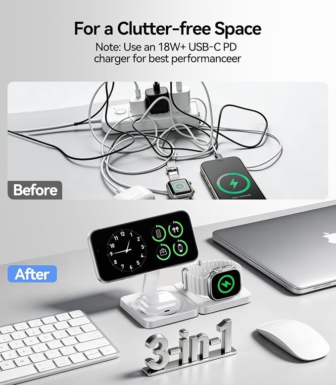 Wireless Charger for iPhone, 3-in-1 Magnetic Charging Station for Apple Device, MagSafe Charger Stand for iPhone 17 16 15 14 13 12 Series, Apple Watch Ultra, Airpods Pro, Foldable, White