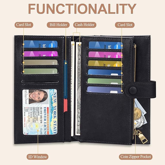 BKNOOU Passport Holder for Travel, RFID Blocking Passport Wallet Travel Wallet for Women Men, Leather Passport Cover with Zippered Coins Pocket, Trifold Clutch Wallet for Airport Essentials/Daily