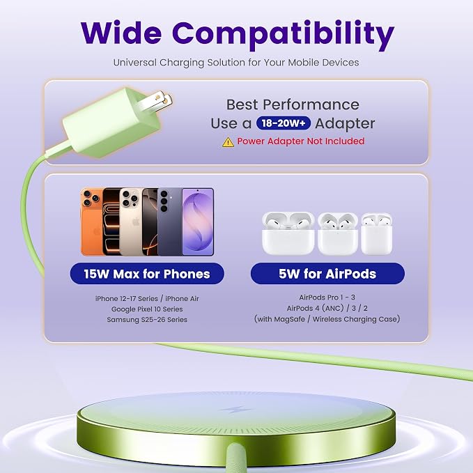15W Wireless Charger for Apple MagSafe Charger, Magnetic Fast Charging Pad | Compatible for iPhone 17 16 15 14 13 12 Pro Max, AirPods-Slim Portable for Desk Bedside and Travel - 3 Pack, Light Green
