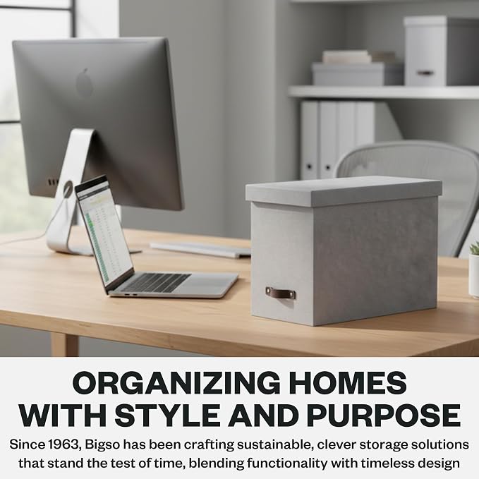 Bigso John Desktop File Box - Storage Solution and Document Organizer for Important Paperwork - Durable Hanging File Box with a Lid and Leather Handle - 7.36 in x 13.26 in x 10.51 in - Ash