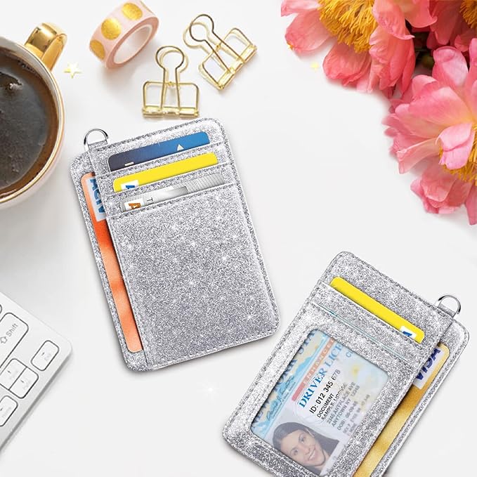 Coco Rossi Slim Front Pocket Wallet RFID ID Card Holder Cute Small Wallet with Keychian for Women,Silver Glitter