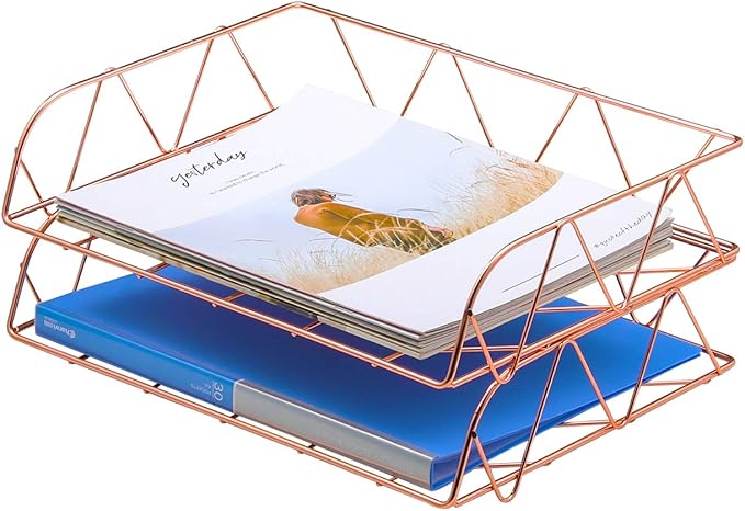 PAG 2 Packs Desktop File Organizer Metal Stackable Horizontal Letter Tray Paper Holder Rack, Rose Gold