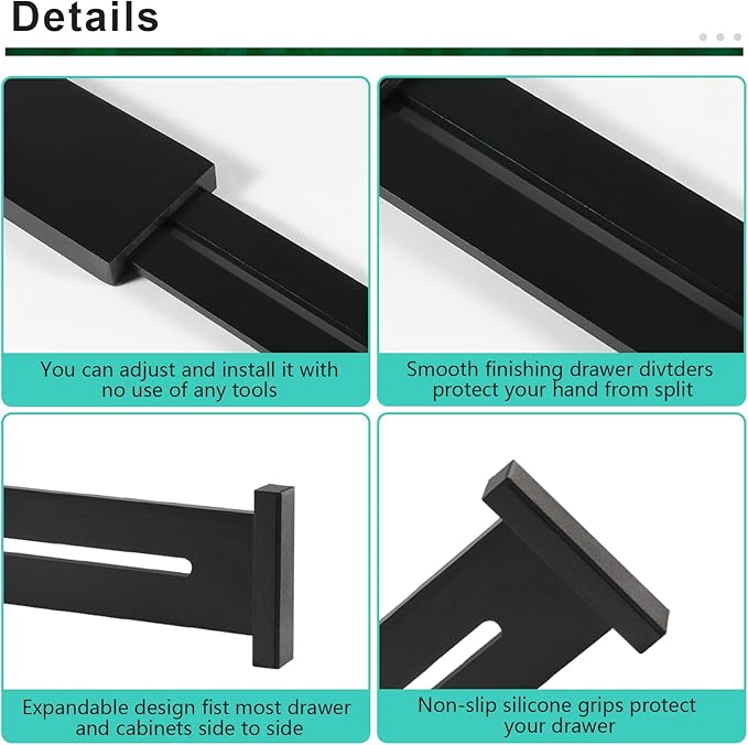 4 Pack Bamboo Drawer Dividers 2.6" High, Adjustable Length from 12 Inch to 17 Inch, Expandable Kitchen Drawer Organizer Separators for Clothes, Kitchen, Bedroom, Dresser, Office (Black)