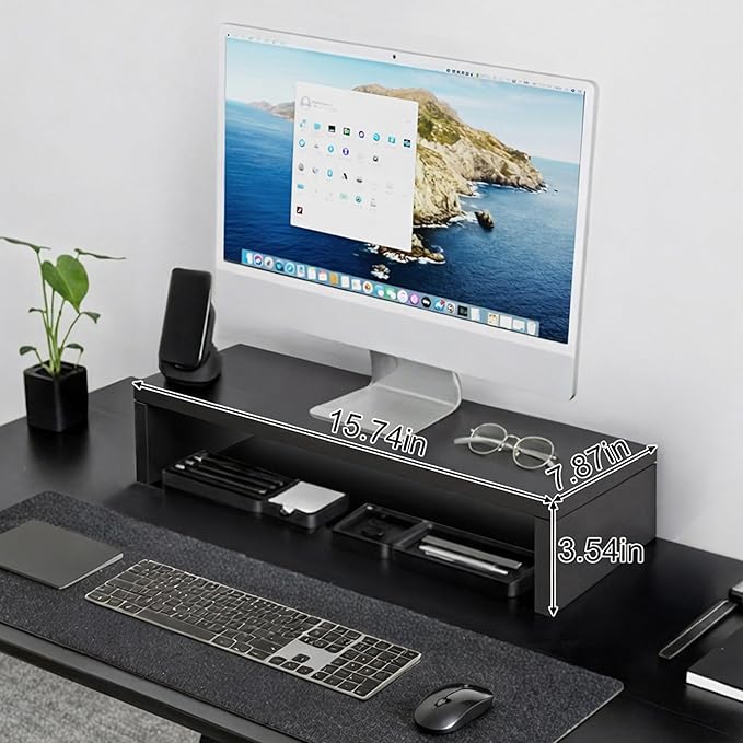 Monitor Stand Riser, Desktop Stand for PC/Laptop/Printer, Wood Monitor Riser with Storage, Computer Stand Keyboard Organizer, Black, 15.7 Inch