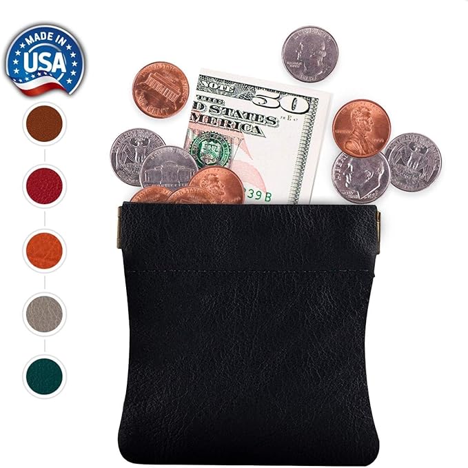 Classic Leather Squeeze Coin Purse change Holder For Men, Pouch size 3.5 in X 3.25 in. high, Navy