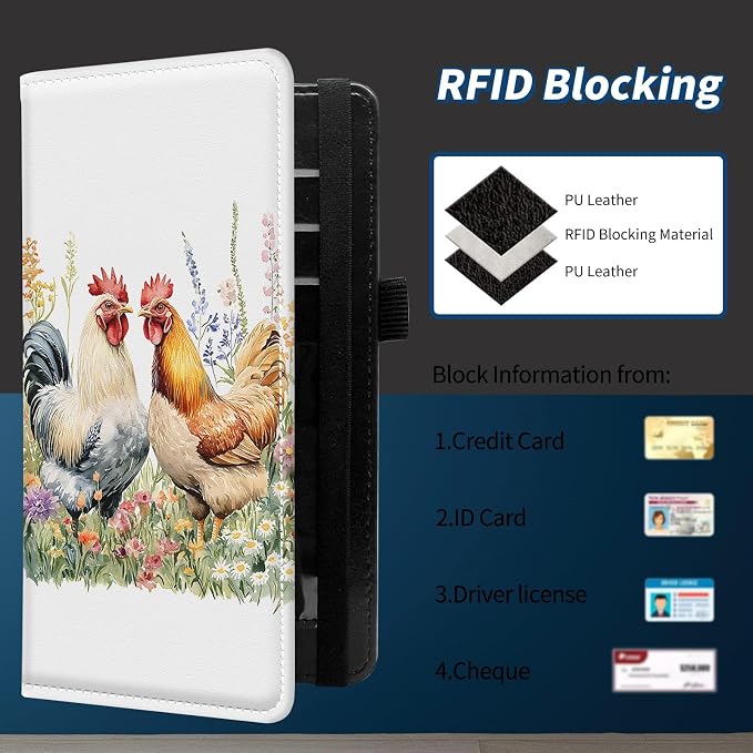 Check Book Cover for Personal Checkbook with Duplicate Checks for Women's & Men PU Leather Wallets Check Book Holder with Pen Card Slots Elastic Strap,Watercolor Rooster
