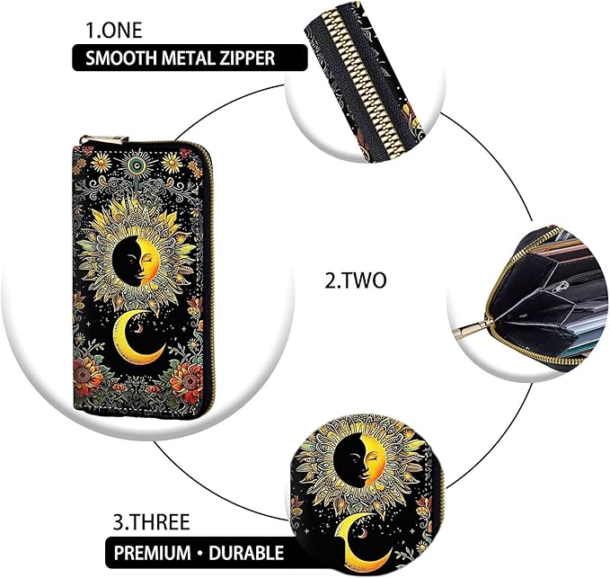 Women's RFID Blocking Zip Around Wallet with Detachable Wrist Strap, Large Capacity Credit Card Holder Organizer for Everyday Use,Sun Moon Flower