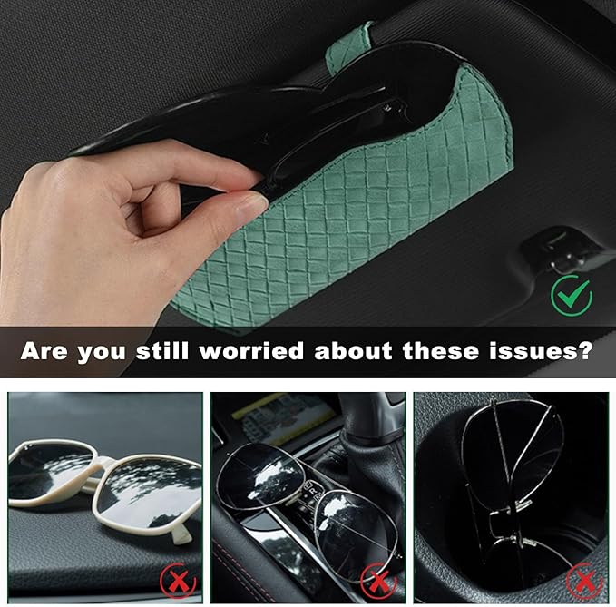 Sunglasses Holder for Car Visor, Auto Soft Leather Glasses Case with Magnetic Clips, Car Sun Visor Eyeglasses Holder Protective Box, Universal Interior Car Accessories (Green)