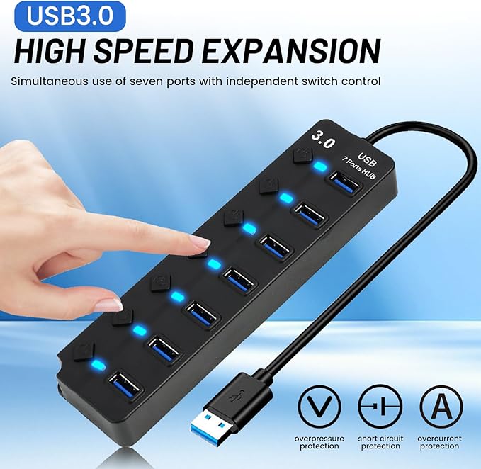 7-Port USB 3.0 Hub with Individual On/Off Switches, 5Gbps Data Transfer USB Splitter for Laptop, PC, Desktop, MacBook, Keyboard, Mouse, Flash Drive, Printer