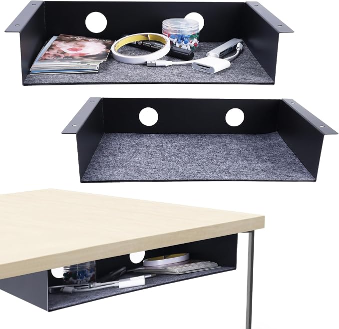 Under Desk Storage Shelf, Steel Under Desk Tray Mountable Add-On Shelf for Table Office Desk, Large (Pack of 2)