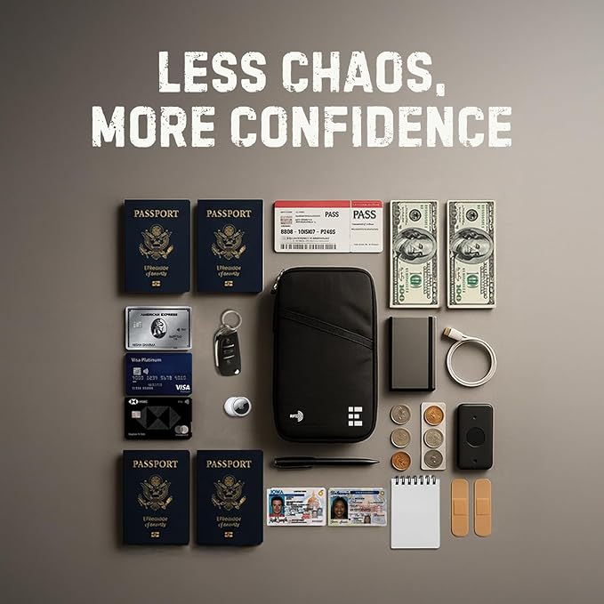 Zero Grid RFID Family Passport Holder for up to 6 Passports, Large Zippered Wallet for Men & Women, Fits Cards, Cash, ID, Sim Card; Premium & Compact Travel Document Holder - Midnight Black