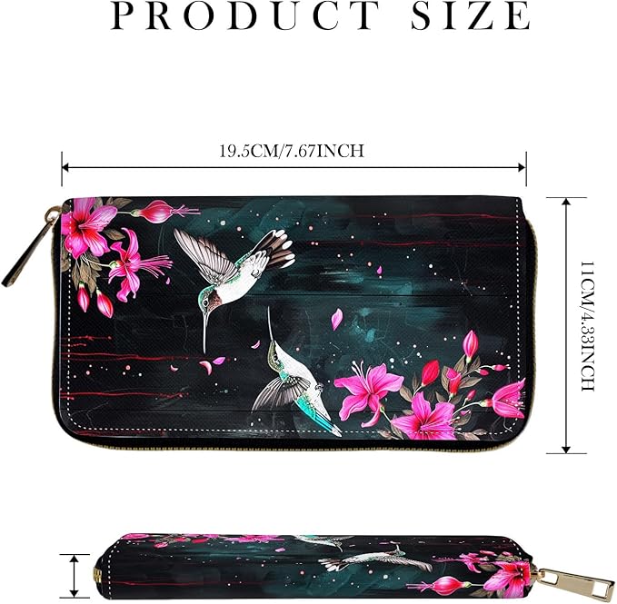 RFID-Blocking Zip Around Wallets for Women with Detachable Wrist Strap,Large Capacity Phone Holder with Card Organizer & Coin Pocket,Flower Hummingbird