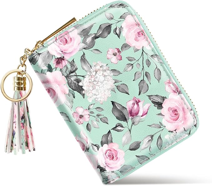 Coco Rossi Leather Credit Card Wallet for Women, RFID Blocking Zipper Cards Holder with Tassels, Green Flowers