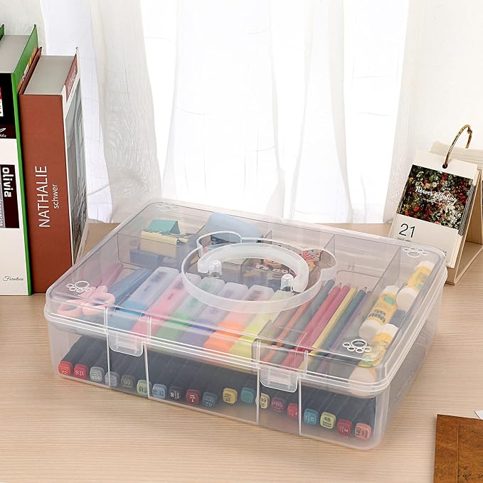 BTSKY 2-Tier Cute Bear Storage Box with Removable Divided Tray Portable Clear Plastic Art Craft Supply Organizer Stackable Home Office Supplies Storage Container for Pens Notes A4 papers etc (Coffee)