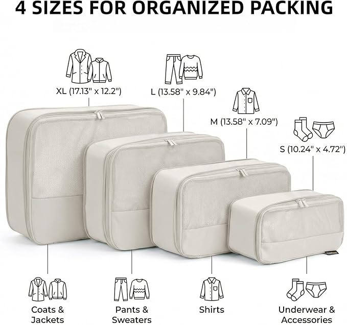 4 Piece Compression Packing Cubes for 3–7 Day Travel, Lightweight Travel Organizers with Breathable Mesh, Double-Zipper Packing Cubes for Carry-On & Suitcases (Off White)
