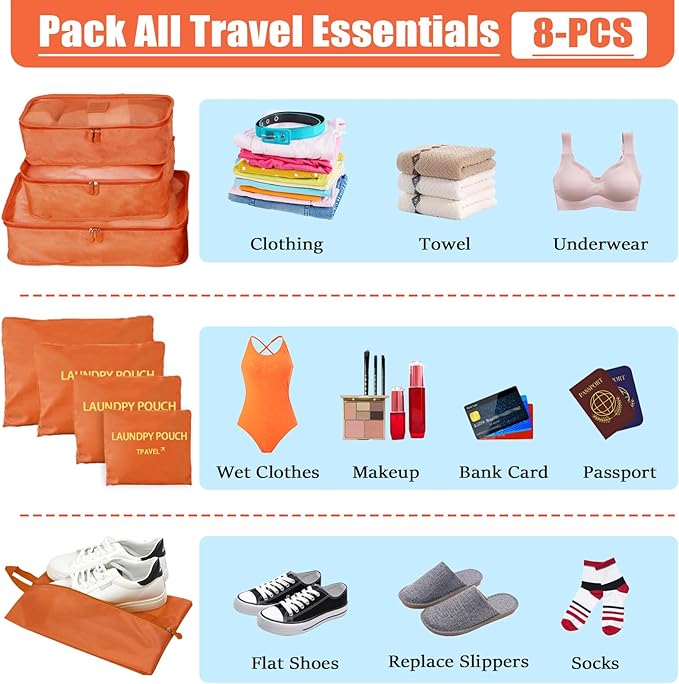 8 Set Packing Cubes for Travel Luggage Packing Bags Reusable Waterproof Suitcase Organizer Cubes Set with Shoe Bag and Toiletry Bag (Orange)