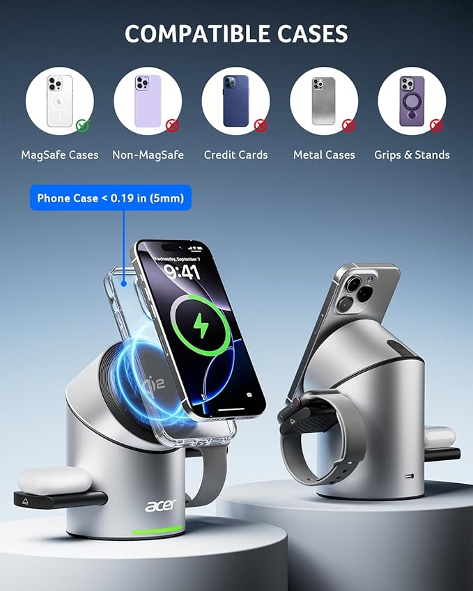 Acer Prime 3 in 1 Charging Station for Apple - Magnetic iPhone Wireless Charging Station, Magsafe Charger Stand for iPhone 17 16 15 14 13 12 - Apple Watch - Airpods Series (Charger & USB-C Included)