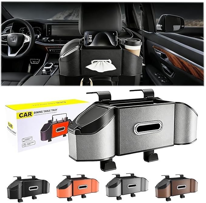 2026 Upgrade 4-in-1 Car Organizer Back Seat, Leather Multifunctional Car Organizer and Storage Box with Cup Holders for Hold Phone, Snacks, Drinks, Handbag, Keep Your Ride Clean & Organized (Grey)