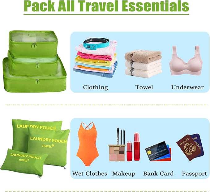 6 Set Packing Cubes for Travel Luggage Packing Bags Reusable Waterproof Suitcase Organizer Bags Set with Shoe Bag and Toiletry Bag (Green)