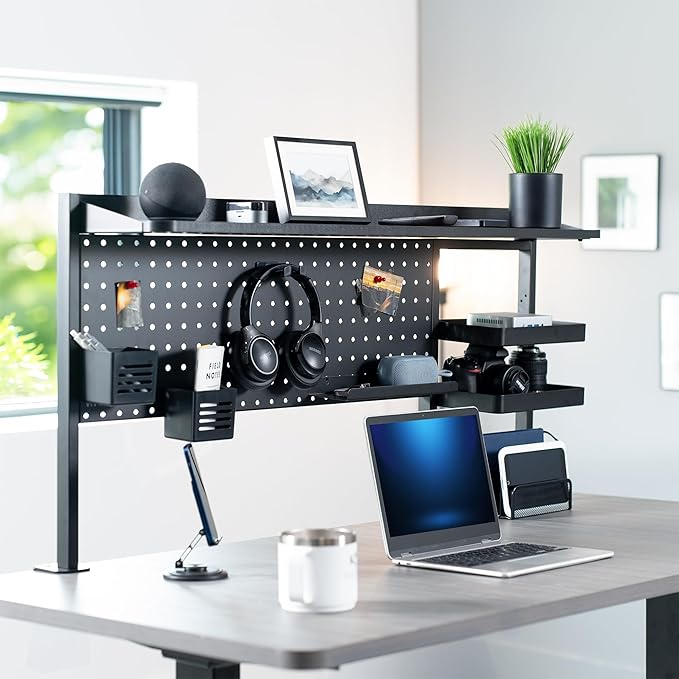 VIVO Steel Clamp-on 46 x 25 inch Desk Pegboard System with Storage Shelf and Accessory Trays, Multi-Purpose Office Organizer, Black, PP-PBSF46