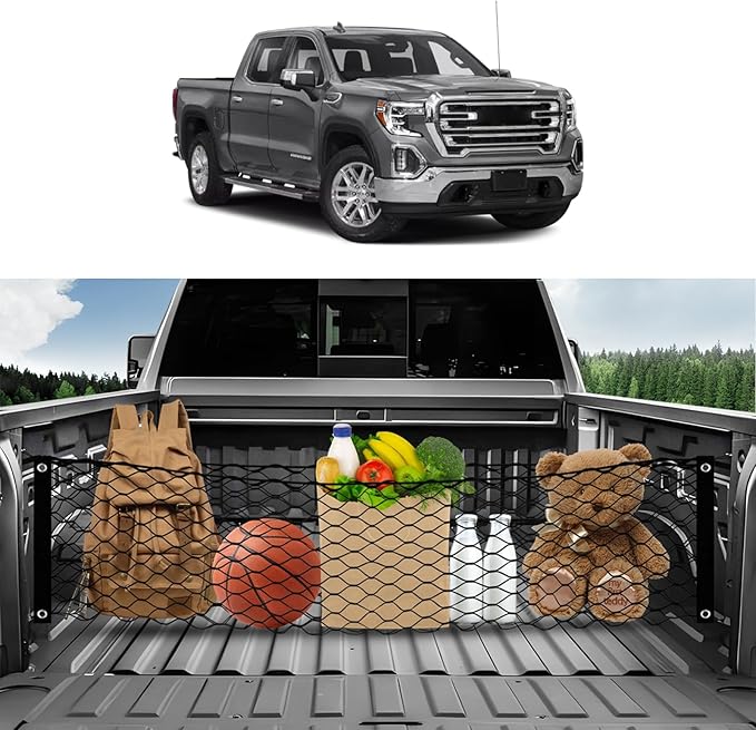 Karltys Truck Bed Cargo Net for 2019-2025 2026 GMC Sierra/Chevy Silverado 1500 2500HD 3500HD, Envelope Style Elastic Pickup Truck Bed Cargo Net Silverado Trunk Net Accessories with Hooks