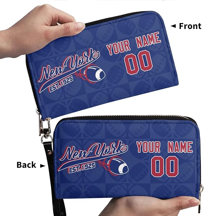 Custom Sports Team Zip Organizer Wallet-Personalized PU Leather Wallet with Name Number,Multi-Card Slots,Wrist Strap,Fan Gift for Men Women.