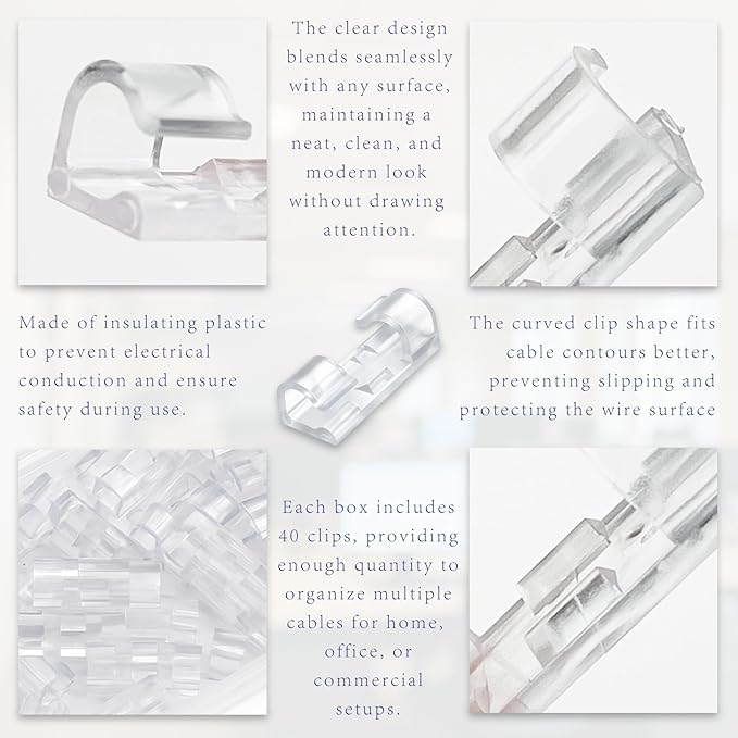 40-Pack Clear Adhesive Cable Clips (M Size) – Strong Transparent Wire Holders for Wall, Desk, Car, and Indoor/Outdoor Light Management