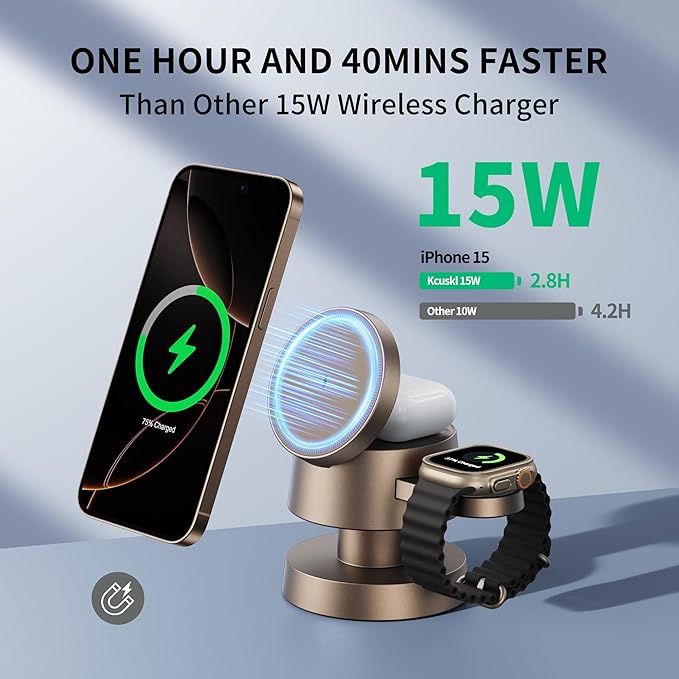 4 in 1 Magnetic Wireless Charging Station,15W Fast Charging with Night Light for MagSafe Charger Stand,3 in 1 Wireless Charger for iPhone 17/16/15/14/13 Pro Max,Apple Watch & AirPods,Sand Gold