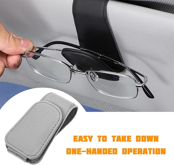 Sunglasses Holder for Car Visor, Microfiber Leather Magnetic Sun Visor Eyeglasses Hanger & Ticket Card Clip, Multi-Function Automotive Interior Glasses Mount, Universal Fit (Light Gray)