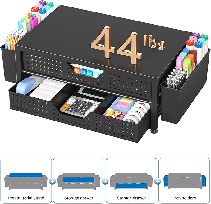 OPNICE Computer Monitor Stand Riser with 2 Drawers & 2 Pen Holders, Desk Organizer for Office Supplies, Laptop Stand for Desk, Workspace Desk Organizers and Accessories for Home Office, Black