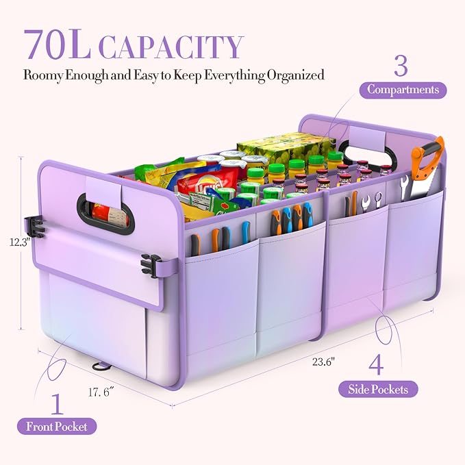 titiyiof Trunk Organizer For Suv&Sedan,Car Organizers&Storage,Waterproof Collapsible & Adjustable Straps,70L Sturdy Car Organization for Car Accessories,Tools,Sundries,2-3Compartment(Colorful Purple)