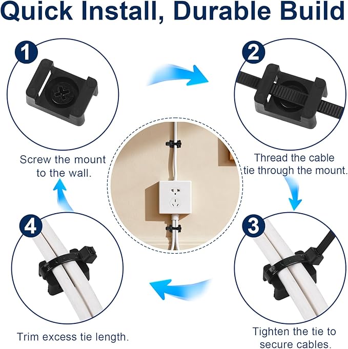 Premium Cable Zip Tie Mounts Kit - 60 Packs Wire Management Holder & Cable Clips, 8" High-Strength Nylon Ties & 5M Screws, Heavy Duty Fasteners for Wall/Desk, Indoor & Outdoor Cable Organizer