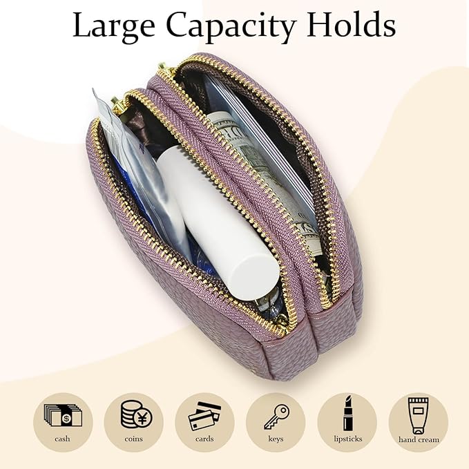 WOZEAH Leather Coin Purse for Women Small 2 Zipper Change Wallet with Key Ring Card Key Coin Cash Holder Pouch(Purple)