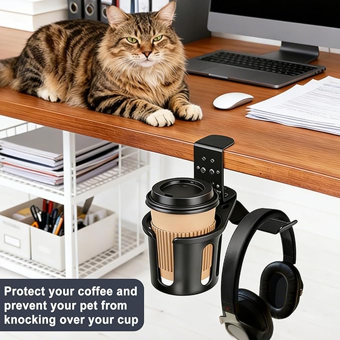 MYITYARD Desk Cup Holder Clamp, 2 in 1 Anti-Spill Clip On Table Cup Holder with Headphone Hanger, Rotatable Water Bottle Stand Drink Coffee Mug Storage, Office Accessories for Home and School