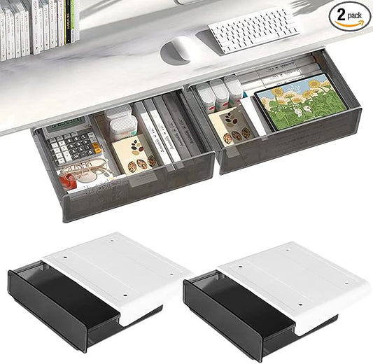 OSPNIEEK Self-adhesive Under Desk Drawer Organizer, 2 Pack Table Hidden Slide Out Large Storage Mounted Desktop Pencil Holder Tray Drawers for Office Home School Stationery Kitchen (Large, Black)