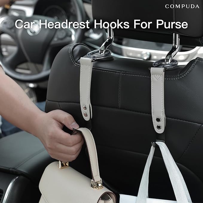 Car Headrest Hook 2 Pack Car Hook Holder Leather Headrest Hooks for Purses and Bags,SUS304 Car Hook (Grey)