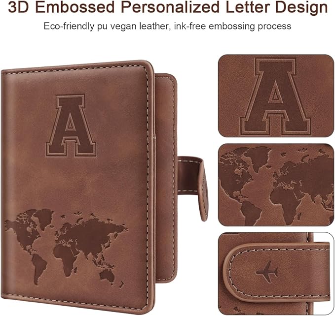 Passport Holder Wallet Cover Personalized Letter A-Z Travel Wallet RFID Blocking Passport Cover Wallet Case for Travel Passport Book Holders for Women and Men, Brown-A