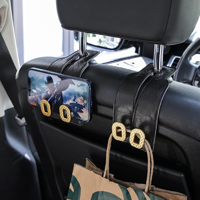 Car Headrest Hooks Universal Car Purse Hook Premium Leather and Alloy Twin Hook Car Seat Back Storage Hanger Hook for Purse Bags Cloth Drink Durable Holder Car Accessories (BH09-Black-Gold)