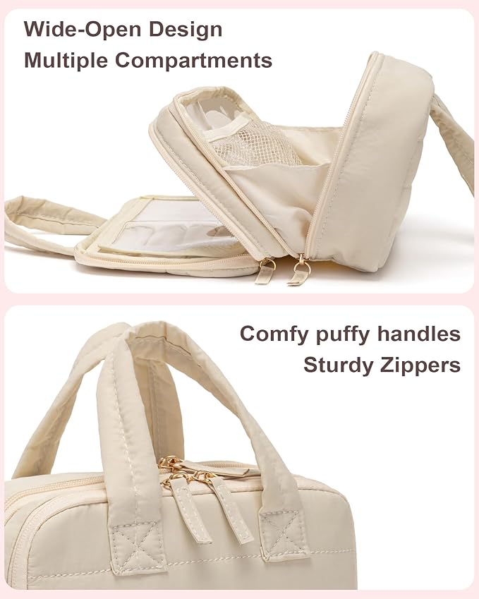 Small Makeup Bag, Travel Cosmetic bag, Toiletry Bag For Women, Make up Bag With Brush Storage, Hanging Toiletry Bag, Puffy Padded Makeup Organizer Case, Wide-open Travel Essentials (Beige)