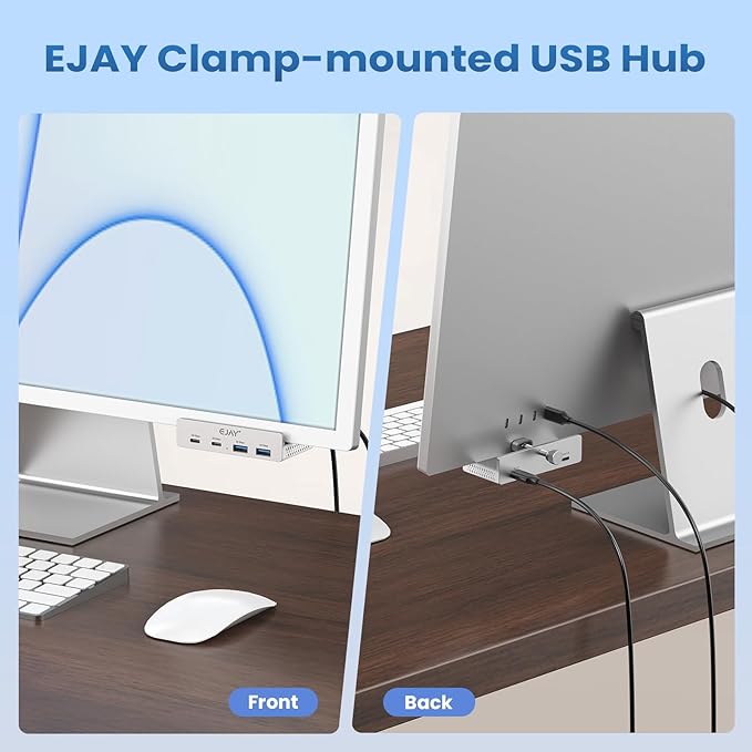 EJAY 4Ports 10Gbps USB-C HUB USB3.2 Clamp USB HUB Splitter,Mountable USB-C Adapter with Data & Power Cable for iMac 2021 and later-10Gbps(Silver)