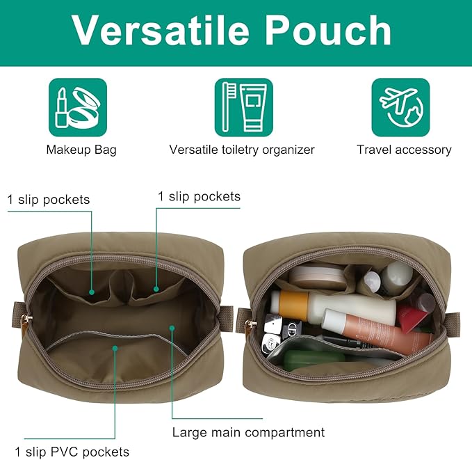 Travel Makeup Bag for Women, Small Cosmetic Bags Organizer Toiletry Bag, Nylon Pouch Travel Essentials Toiletries Accessories Brushes, Khaki