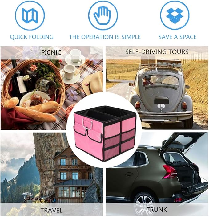 Car Trunk Organizer Collapsible Portable Multi Compartments Organizer with Non Slip Straps for SUV Truck Auto Vehicle Car Auto Minivan(Small without cover, Pink)