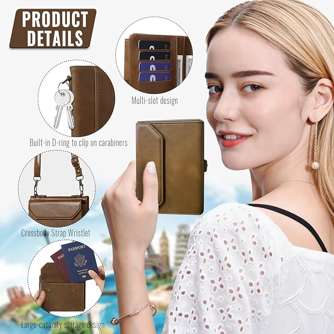 ASAPDOS RFID Blocking Family Passport Holder Wallet,Hold 2-3 Passports for Travel with Credit Card Slots & Wrist Crossbody Strap Coffee