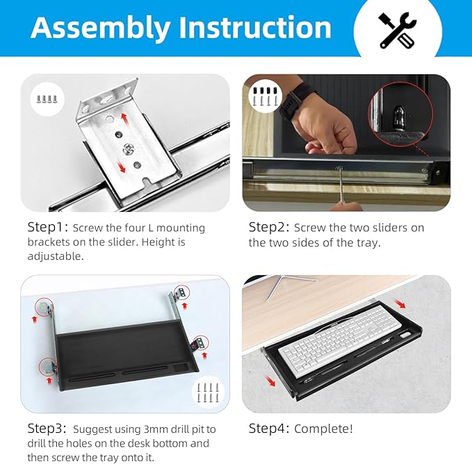 TOOCUST Under Desk Keyboard Tray, 20" Wx11"D Sturdy Key Board Tray Under Desk Slide with Pen Tray, Desk Extender with Pen Holder,Black